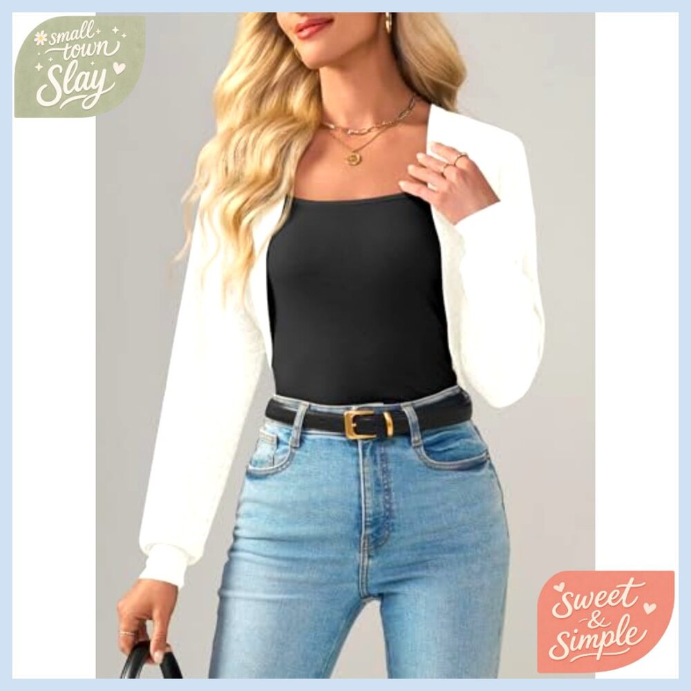 Summer Cropped Cardigan Open Front Long Sleeve Knit Shrug Lightweight - Picture 3 of 7